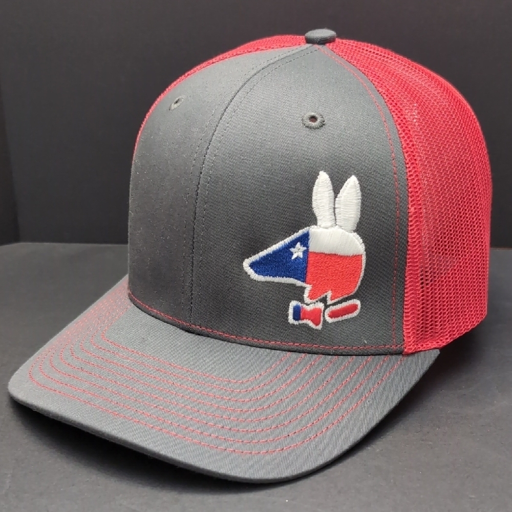 Richardson Style 112,Red/Gray Mesh, Armadillo Patch,Snapback Trucker Hat.